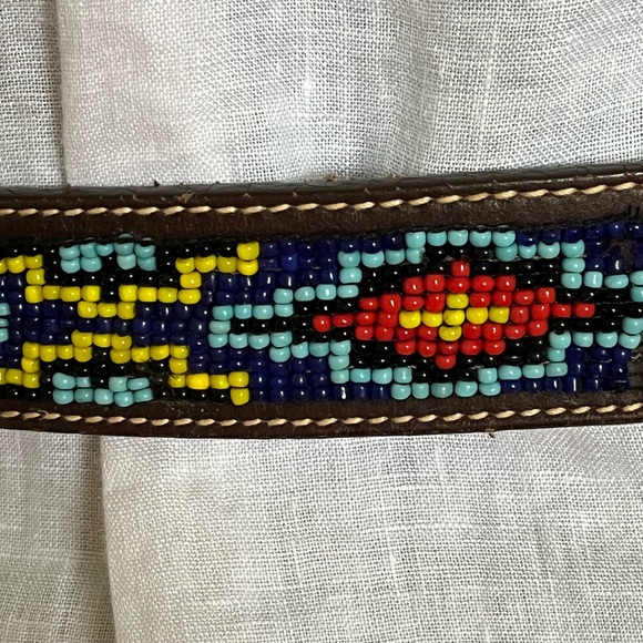 J. Crew Accessories - J Crew Native American Beaded Leather Belt Brass Buckle Blue Red Yellow Beads